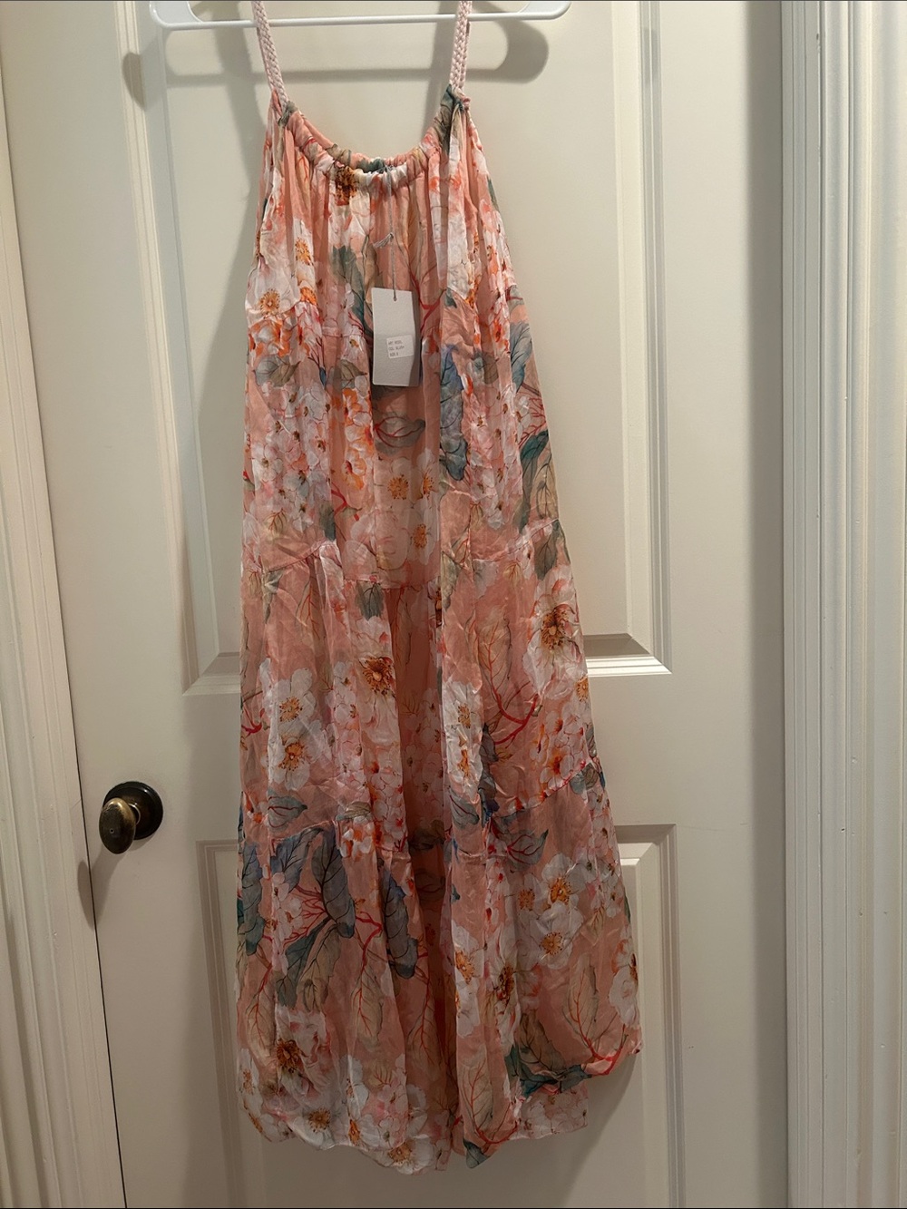 Elena Baldi Silk Blend Italy Floral Peach Tier Maxi Dress braided straps lined S